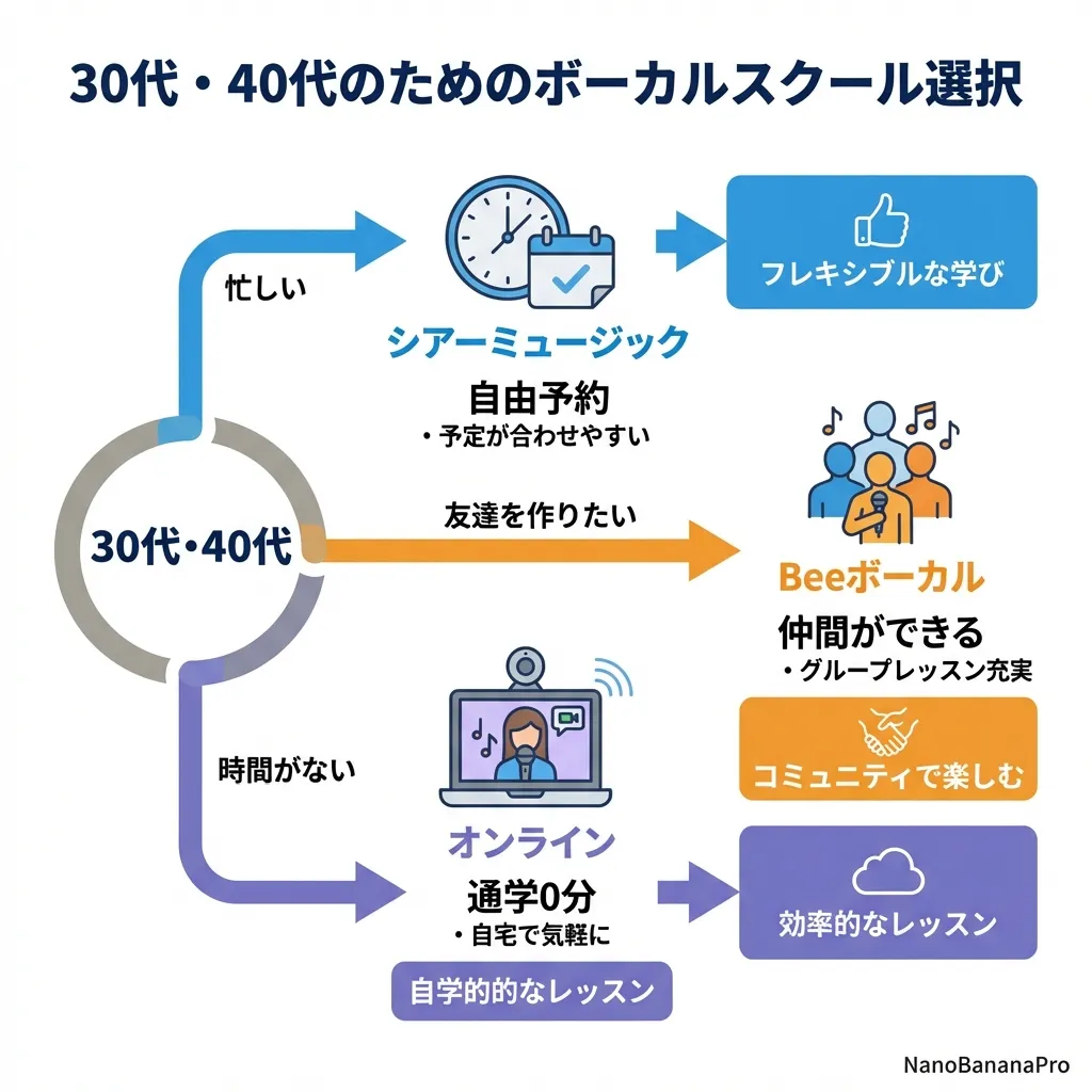 30代・40代のためのボーカルスクール選択フローチャート