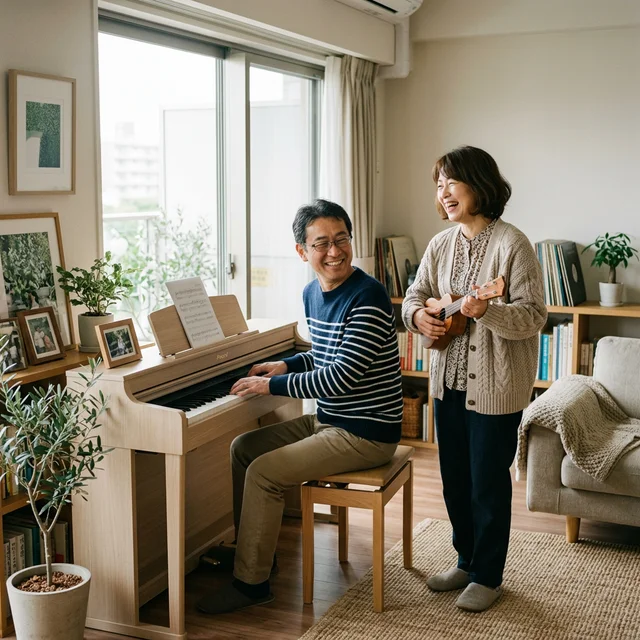 50代の夫婦が自宅で音楽を楽しむ様子