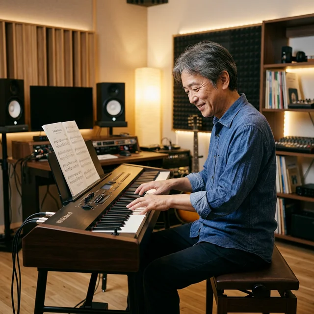 音楽スタジオでピアノを弾く50代男性