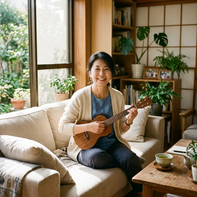 リビングでウクレレを弾く50代女性