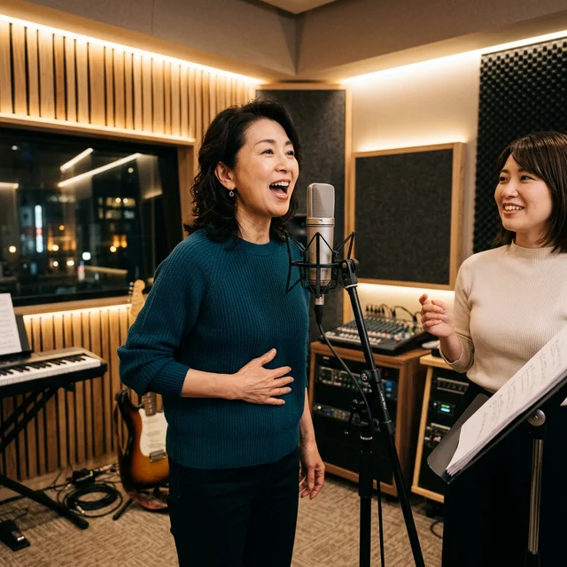 音楽スタジオでボイストレーニングを受ける50代女性