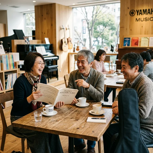 音楽教室のラウンジで談笑する50代の仲間たち