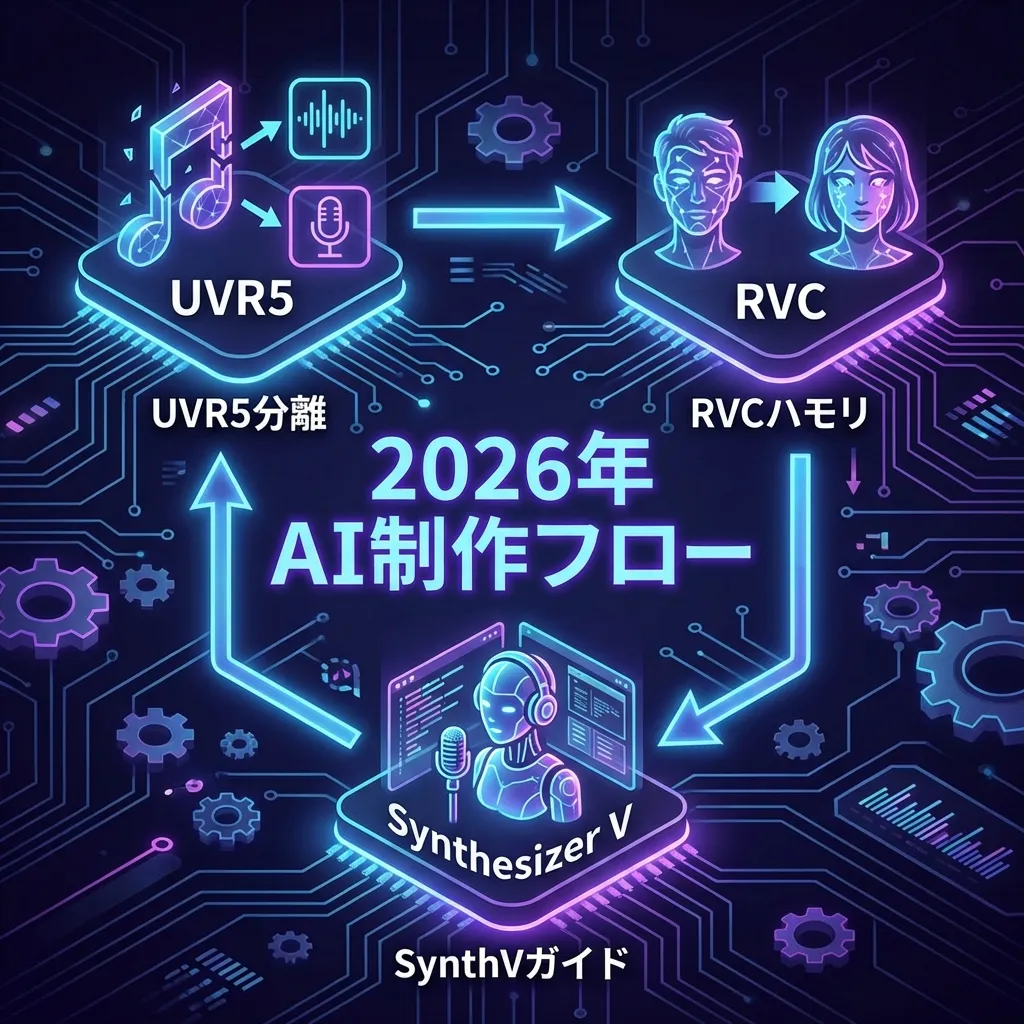 2026年版「歌ってみた」AI制作ワークフロー図（UVR5・RVC・SynthV）
