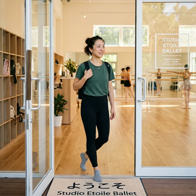 バレエスタジオの入口で一歩を踏み出す30代女性