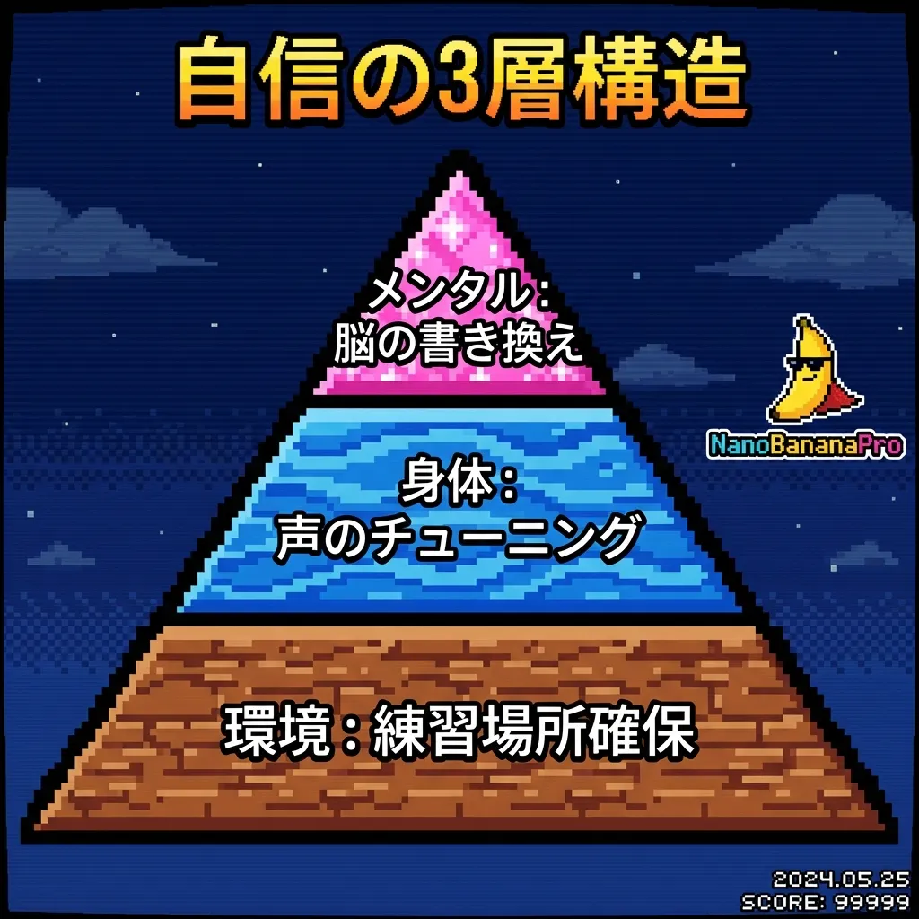 自信の3層構造：環境（土台）、身体（中間）、メンタル（頂点）のピラミッド図