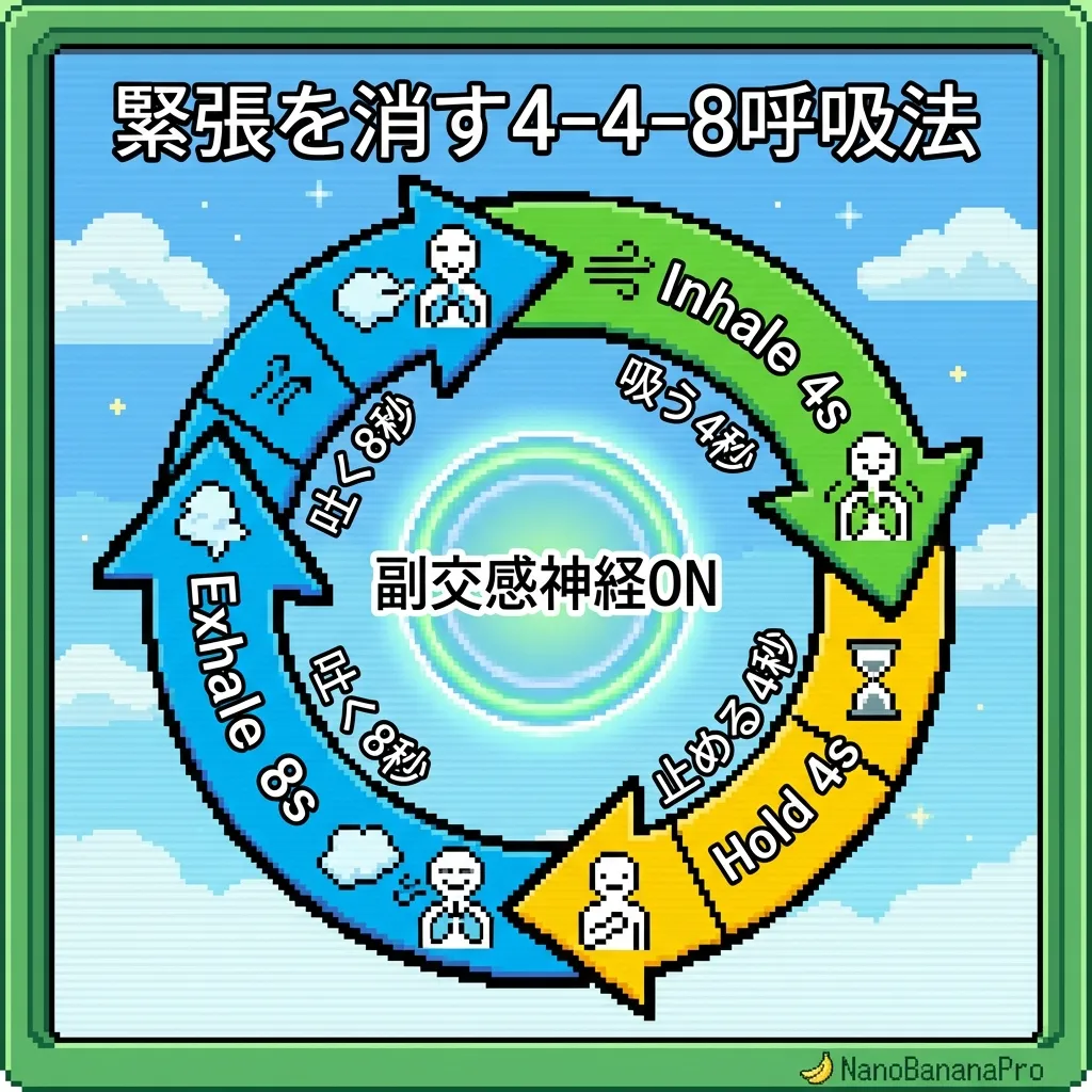 緊張を消す4-4-8呼吸法：吸う4秒、止める4秒、吐く8秒で副交感神経を活性化