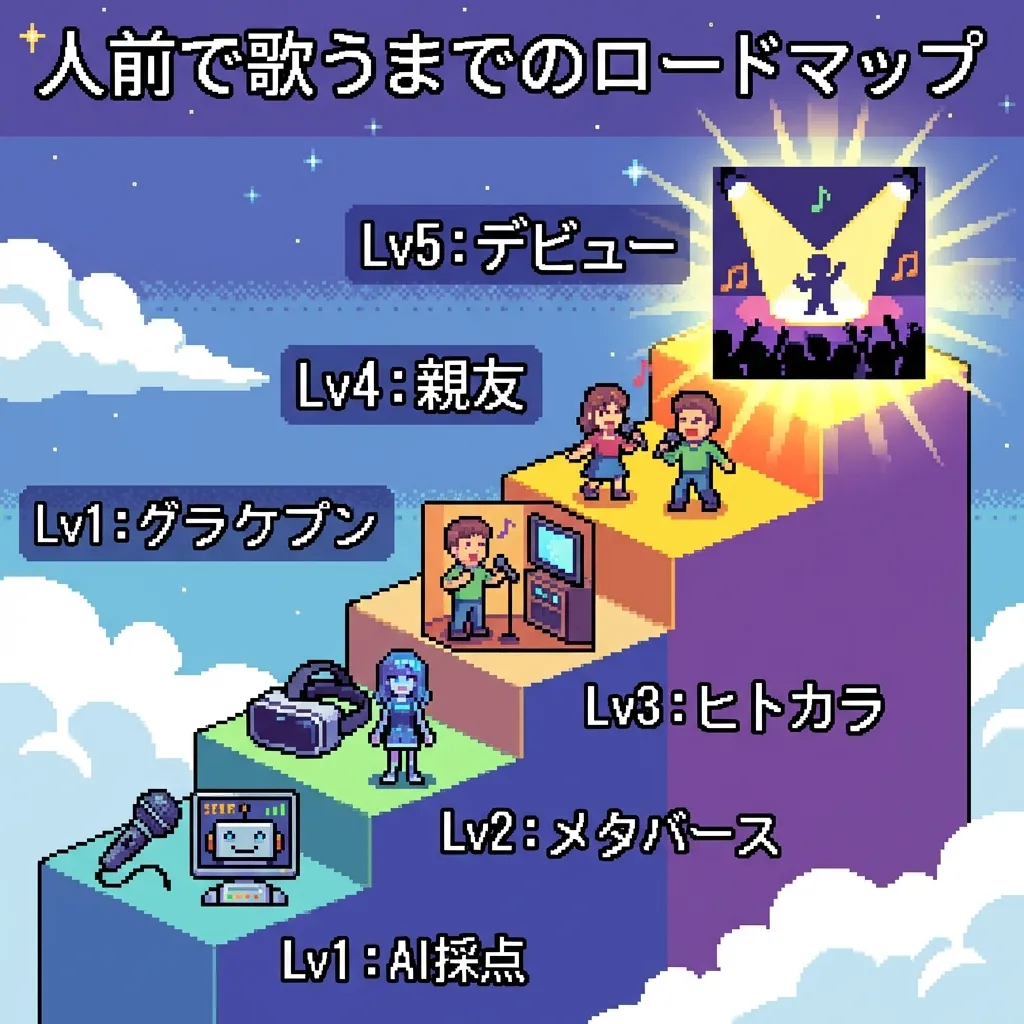 人前で歌うまでのロードマップ：AI採点からデビューまで、無理なく階段を登る