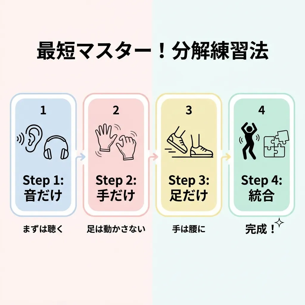 最短マスター！分解練習法 Step1:音だけ Step2:手だけ Step3:足だけ Step4:統合