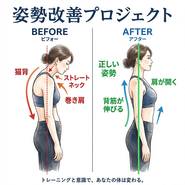 ダンスによる姿勢改善のビフォーアフターイメージ