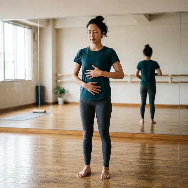 横隔膜呼吸を実践する日本人女性（肋骨と下腹部に手を当てる）