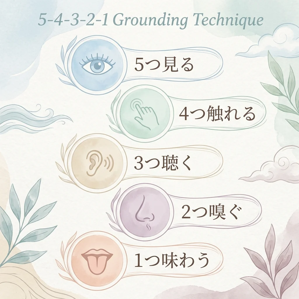 5-4-3-2-1グラウンディング技法：視覚、触覚、聴覚、嗅覚、味覚で心を落ち着ける