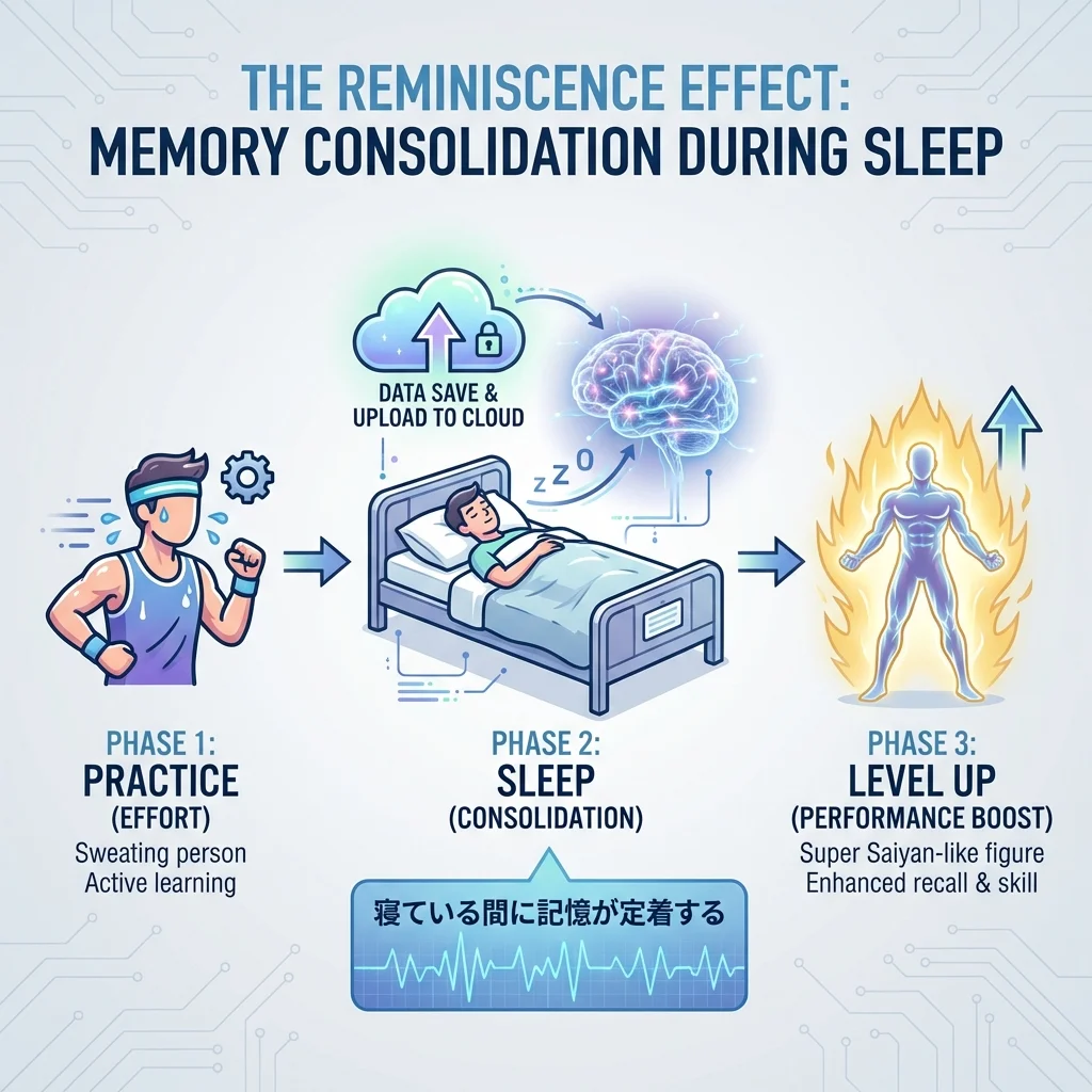 レミニセンス効果のメカニズム：練習、睡眠中の記憶定着、そしてレベルアップ