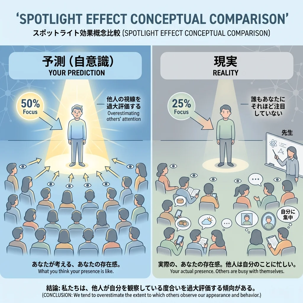 スポットライト効果の図解：自意識過剰（50%）と現実（25%）の比較