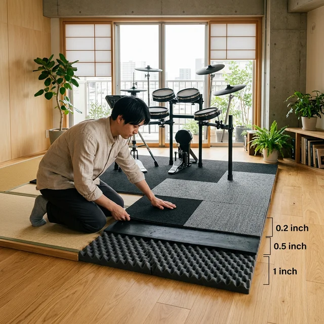 マンションの床に防音マットを積層して電子ドラムの防振対策をしている様子