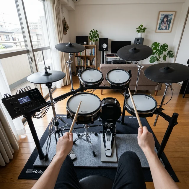 電子ドラムセットと防振アイテム（ノイズイーター・防振マット）の設置風景