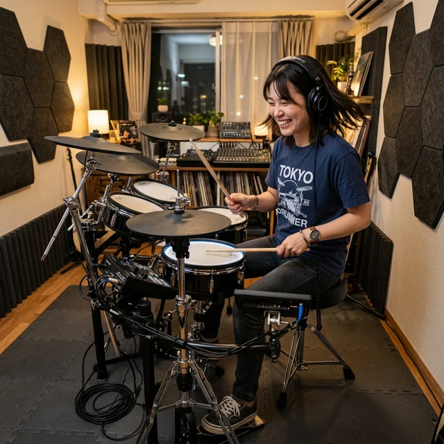 防音対策された部屋で安心してヘッドホンをつけてドラムを叩くドラマー