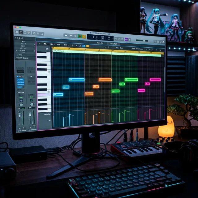 DAWのピアノロールでコード進行を打ち込む画面