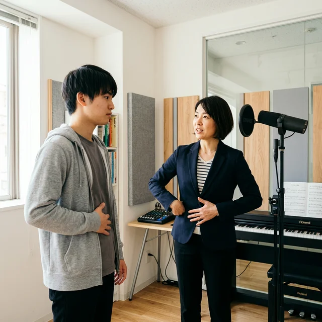 ボイストレーナーから腹式呼吸を学ぶ営業マン