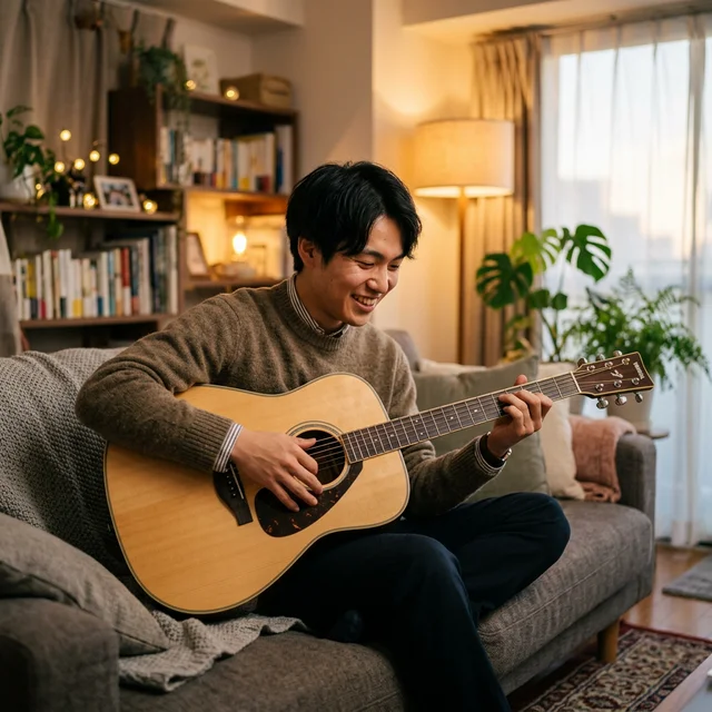 アコギを手に取り弾き語りに挑戦する初心者