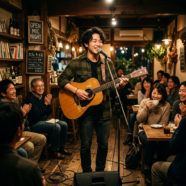 カフェのオープンマイクで弾き語りを披露する達成感