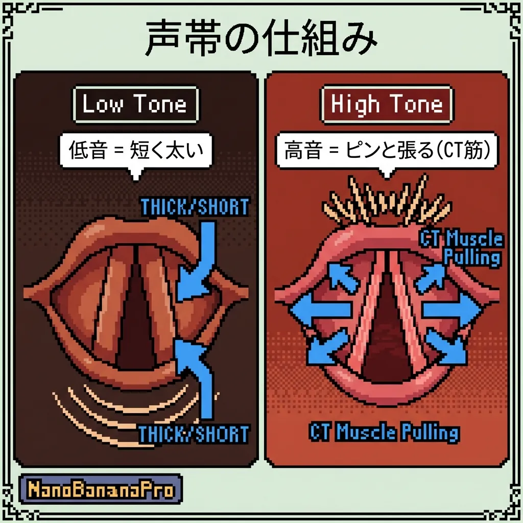 声帯の仕組み：低音は短く太く、高音はCT筋でピンと張る