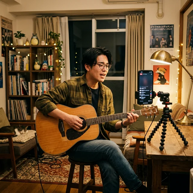 スマホとアコギで弾き語り配信をする日本人男性