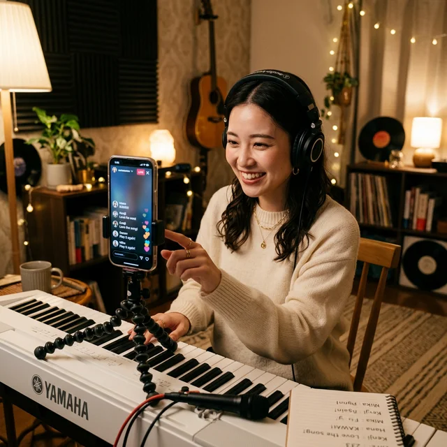 ライブ配信中にコメント対応する日本人女性