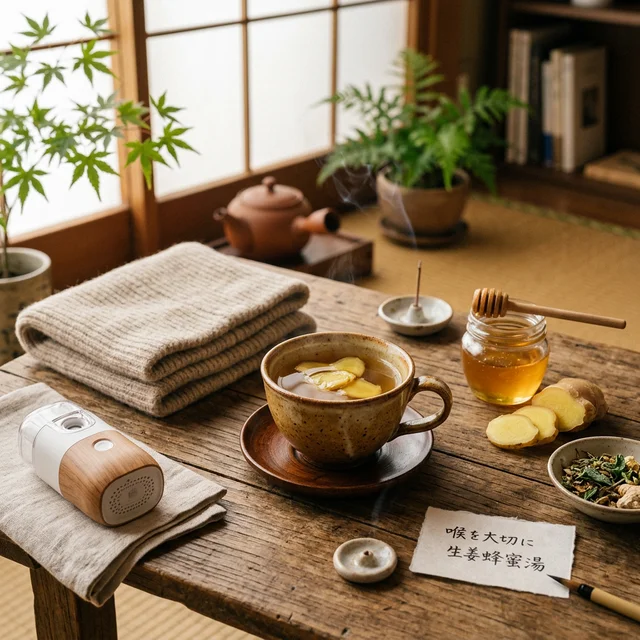 声帯ケアのためのハーブティーとネックウォーマー