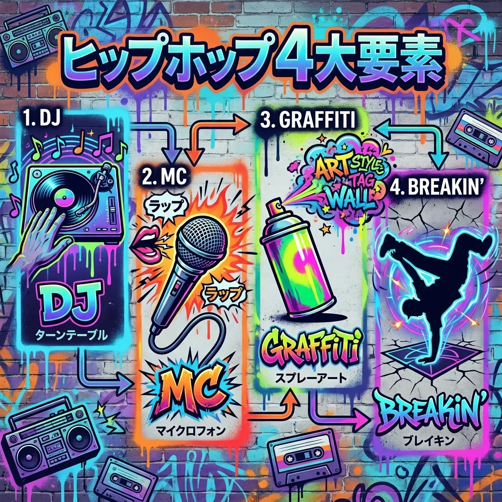 ヒップホップの4大要素：MC、DJ、グラフィティ、ブレイキン