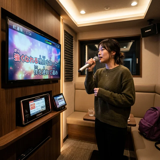 一人カラオケルームで真剣に練習する日本人