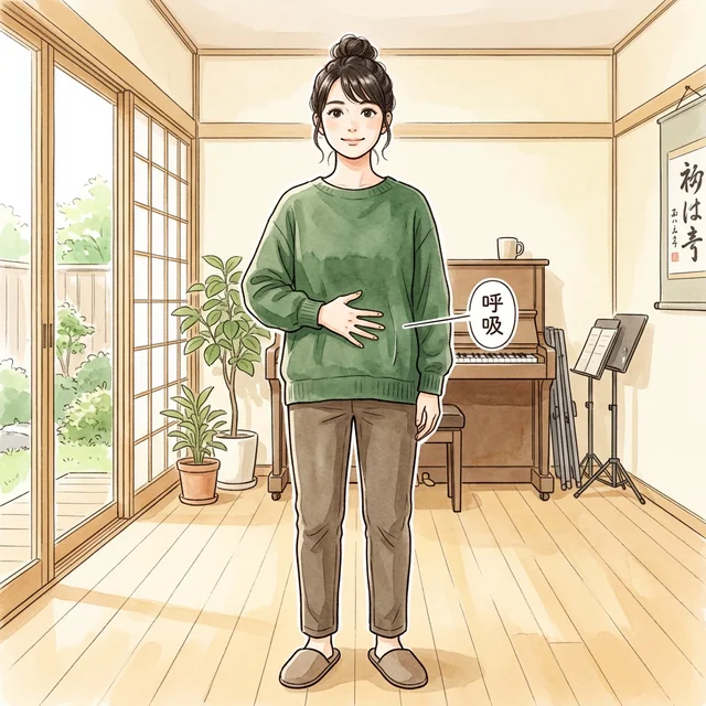 正しい姿勢で腹式呼吸の準備をする日本人