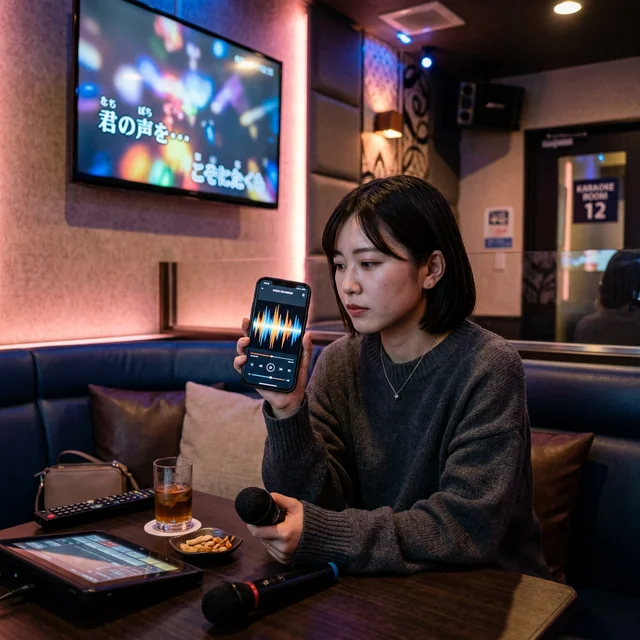 スマートフォンで自分の歌声を録音・分析する様子