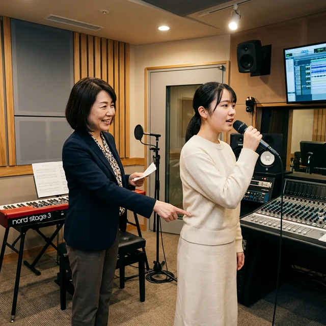 プロのボイストレーナーとマンツーマンでレッスンを受ける日本人