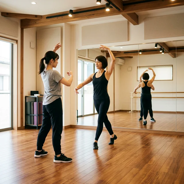 日本人講師がマンツーマンでジャズダンスを指導する様子