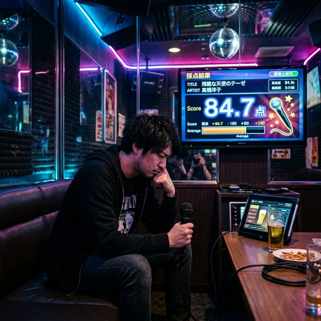 カラオケルームで採点画面を見つめる日本人男性