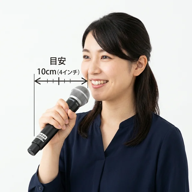 正しいマイクの持ち方と口からの距離を示すイメージ