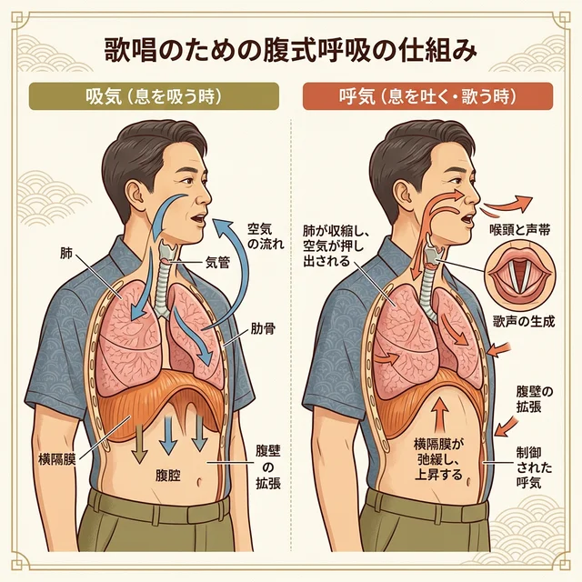 腹式呼吸における横隔膜の動きを示す解剖学的イラスト