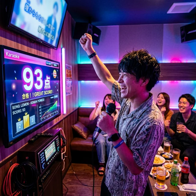 90点超えを達成してガッツポーズする日本人男性