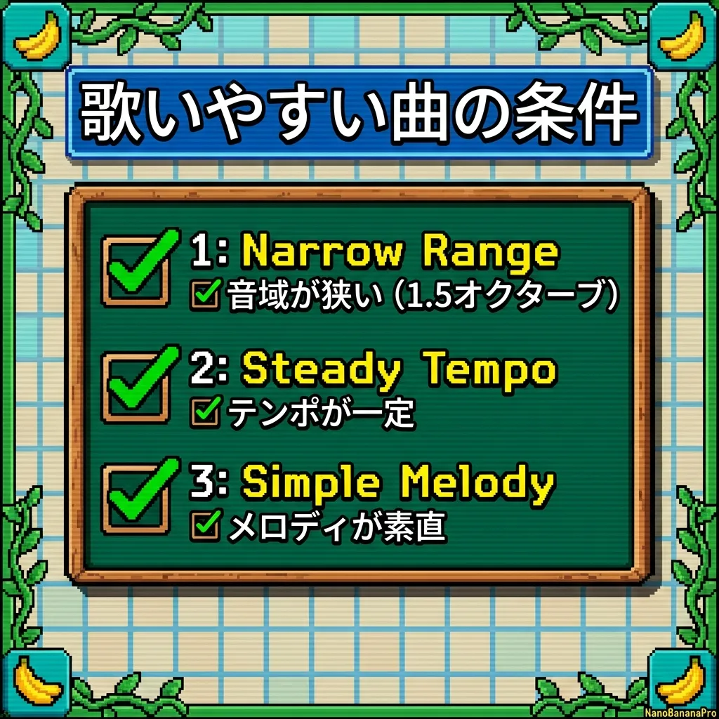 歌いやすい曲の条件：音域が狭い、テンポが一定、メロディが素直