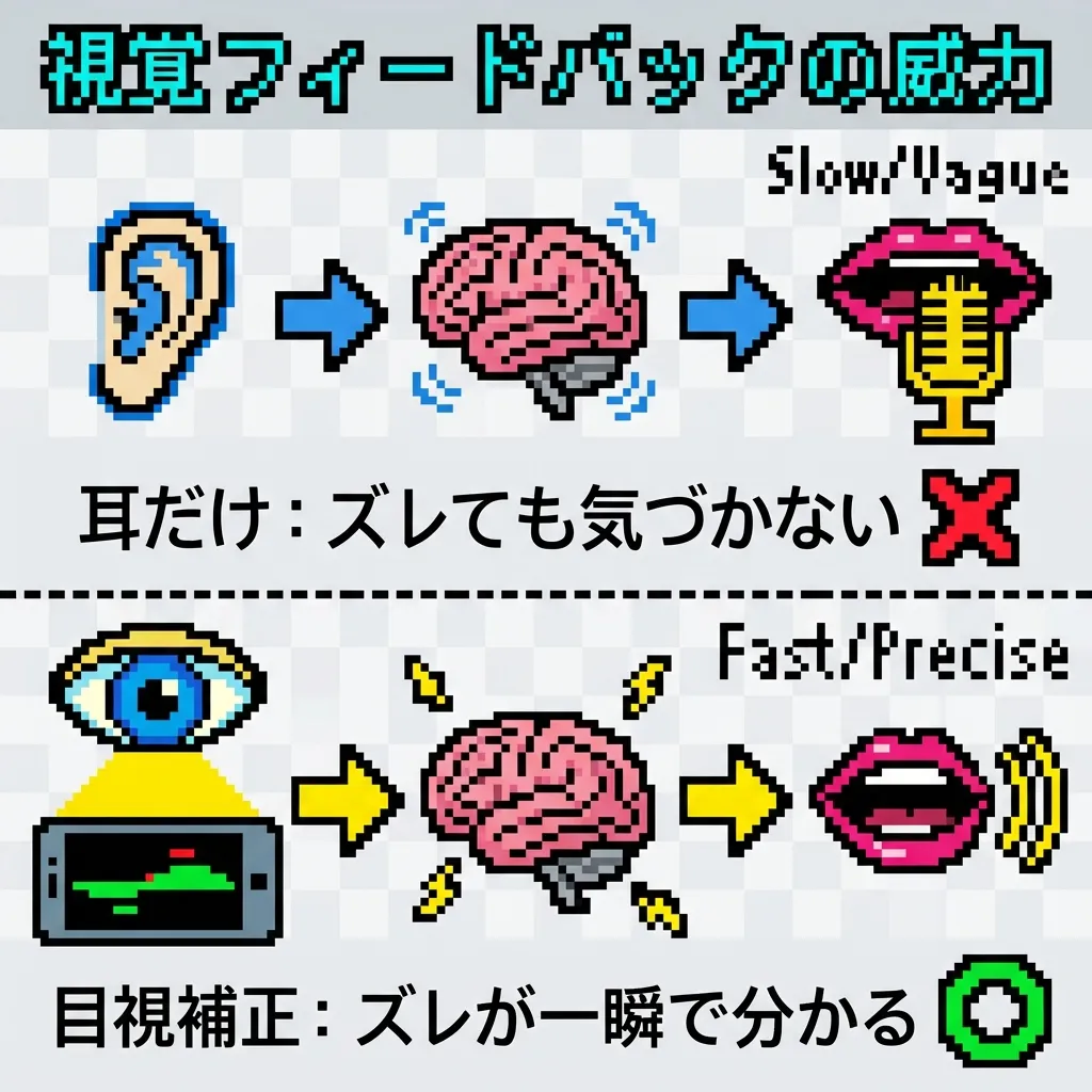 視覚フィードバックの威力：耳だけではズレに気づかないが、目視なら一瞬で分かる