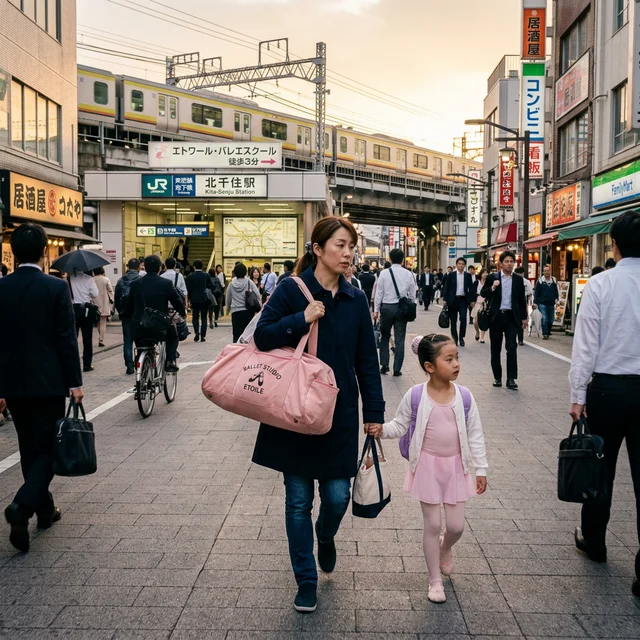 駅前でダンス教室に向かう親子