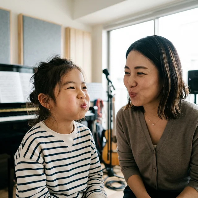 講師と一緒にリップロール練習をする子供