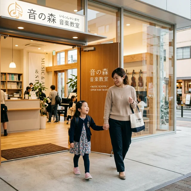親子で音楽教室の体験レッスンに向かう様子