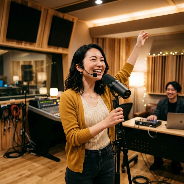 防音スタジオで笑顔で歌うママ