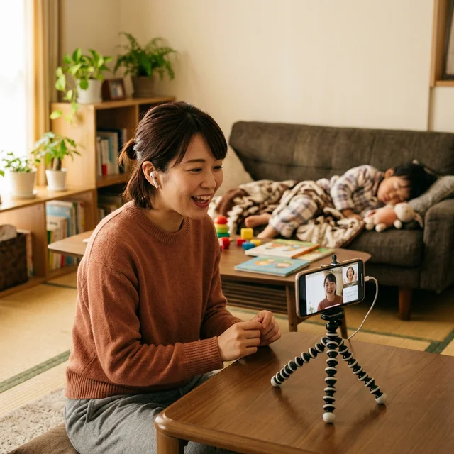 自宅でオンラインレッスンを受けるママ
