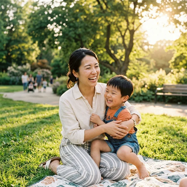 ママと子供が笑顔で触れ合う幸せなシーン