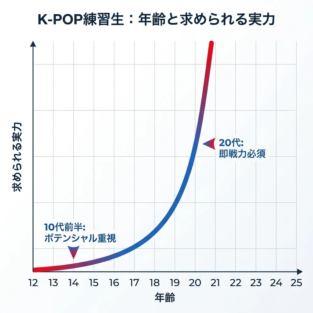 K-POP練習生の年齢と求められる実力の関係グラフ