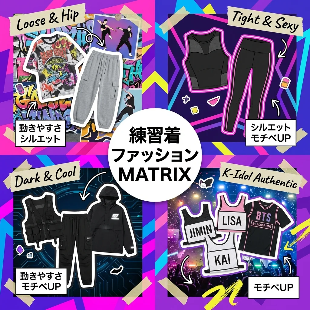 K-POP練習着のファッションマトリックス：スタイル別コーディネート