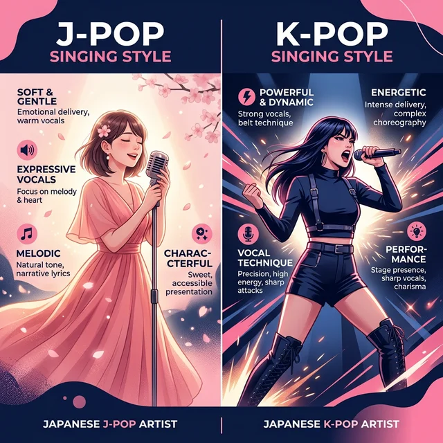 J-POPとK-POPの歌唱スタイルの違いを比較するイメージ