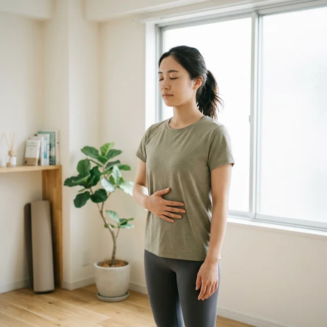 腹式呼吸のトレーニングを実践する女性